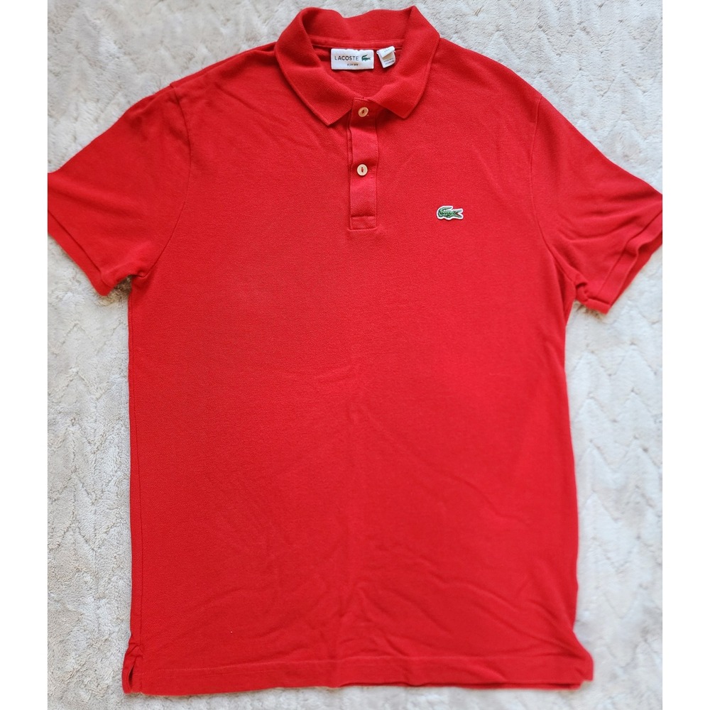 Lacoste Mens Slim Fit Pique Polo Shirt Red Short Sleeve FR 5 US L